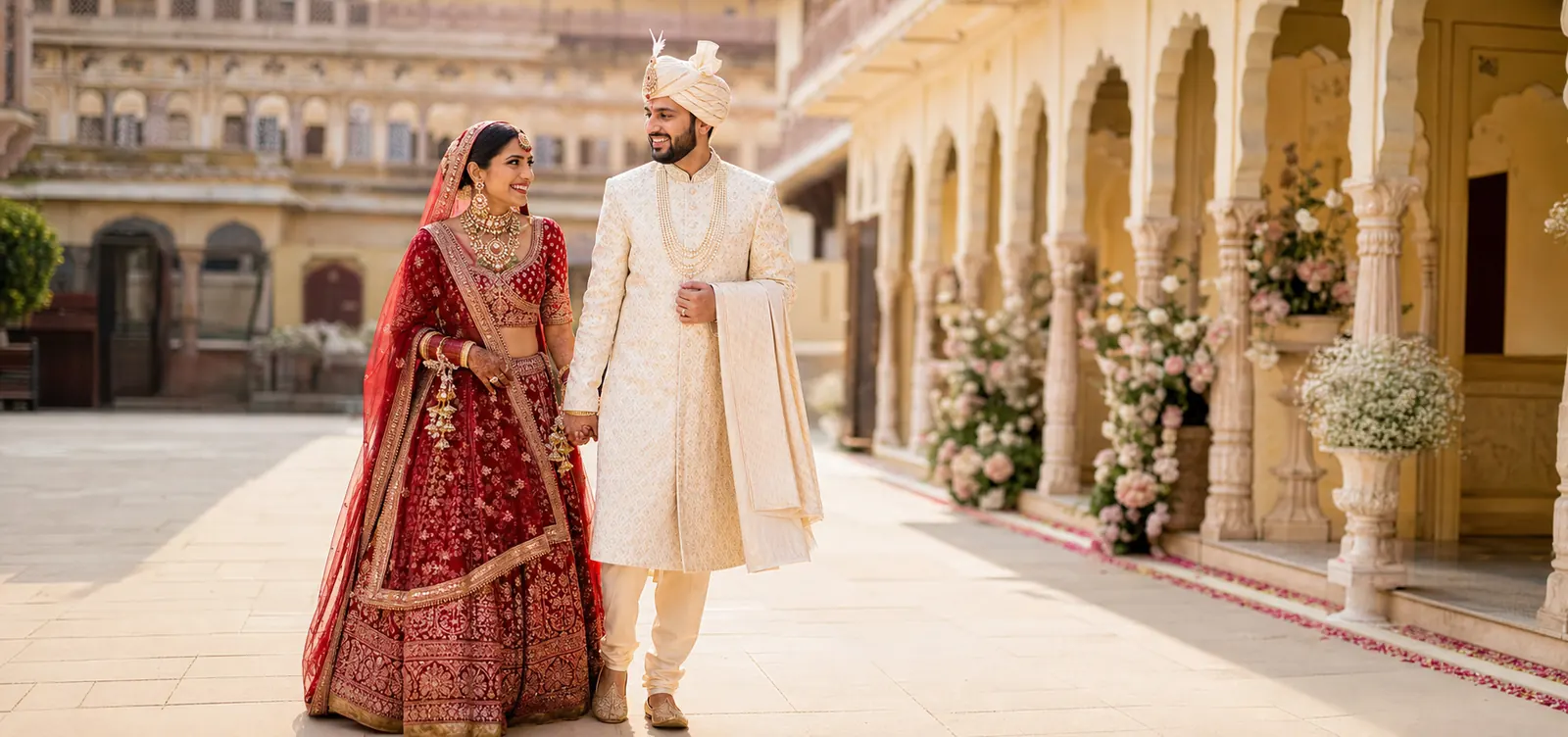 Indian bride and groom at a palace destination wedding
